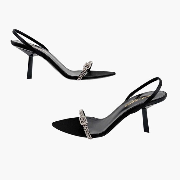 Saint Laurent Rendez Vous 75 Black Crystal Slingback Sandals Heels Size 37 US 7 - Picture 9 of 15